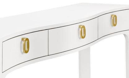 Worlds Away - Curved Front Console With Three Drawers In Textured White Linen With Satin Brass Ring Hardware - SABRINA WH view 5