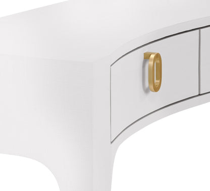 Worlds Away - Curved Front Console With Three Drawers In Textured White Linen With Satin Brass Ring Hardware - SABRINA WH view 6