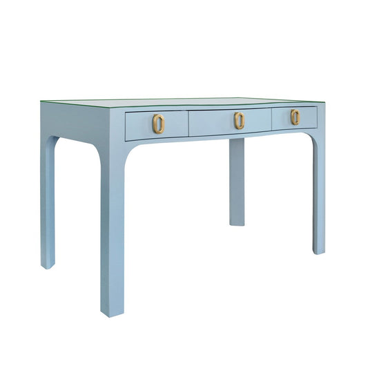 Worlds Away - Curved Front Desk With Three Drawers In Light Blue Textured Linen With Satin Brass Ring Hardware And Glass Top - GLADYS LB view 1