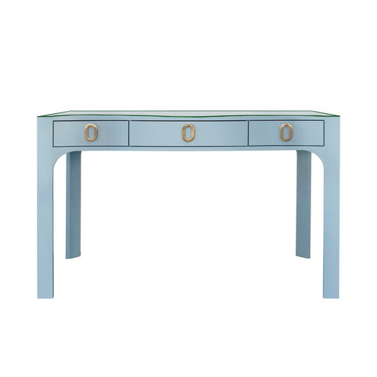 Worlds Away - Curved Front Desk With Three Drawers In Light Blue Textured Linen With Satin Brass Ring Hardware And Glass Top - GLADYS LB view 2