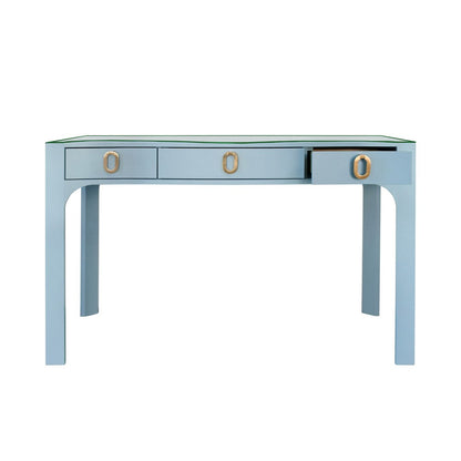 Worlds Away - Curved Front Desk With Three Drawers In Light Blue Textured Linen With Satin Brass Ring Hardware And Glass Top - GLADYS LB view 3