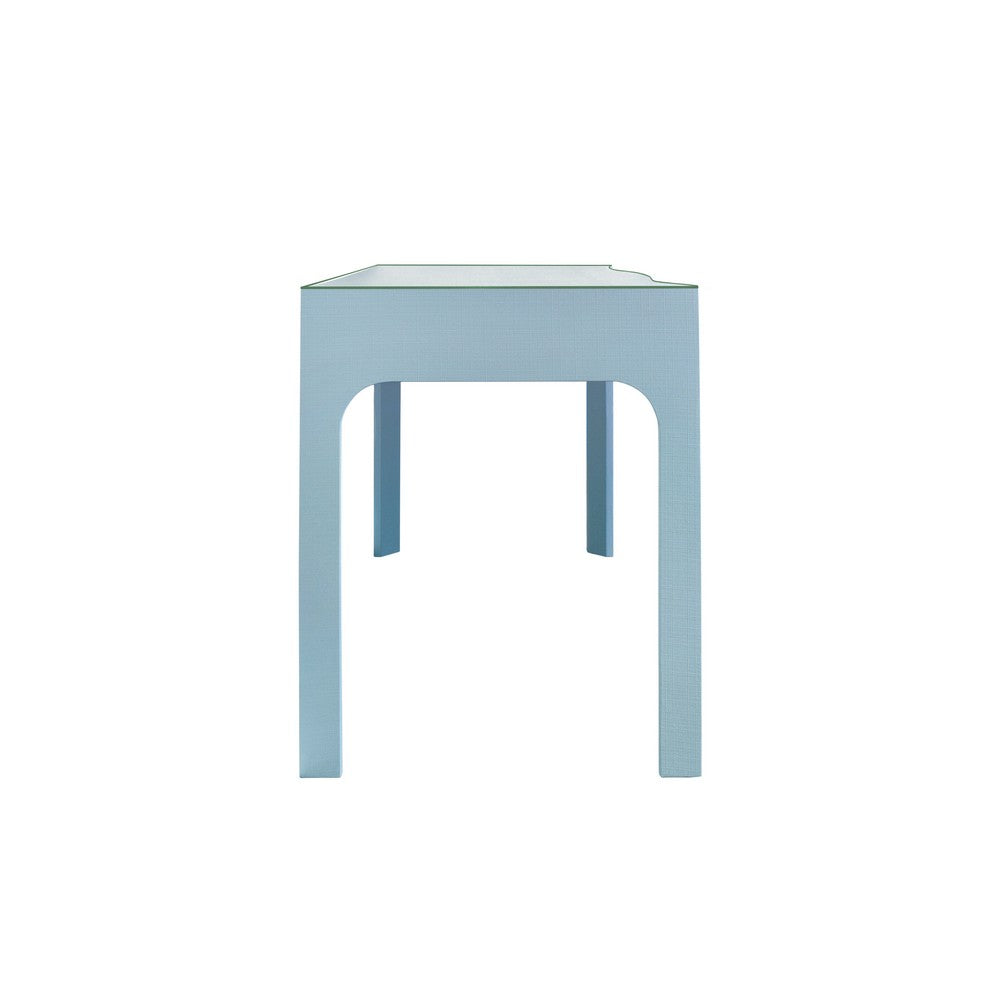 Worlds Away - Curved Front Desk With Three Drawers In Light Blue Textured Linen With Satin Brass Ring Hardware And Glass Top - GLADYS LB view 4