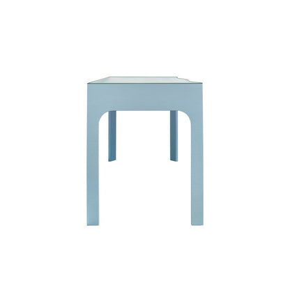 Worlds Away - Curved Front Desk With Three Drawers In Light Blue Textured Linen With Satin Brass Ring Hardware And Glass Top - GLADYS LB view 4
