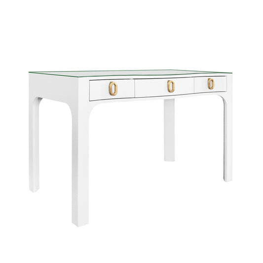 Worlds Away - Curved Front Desk With Three Drawers In White Textured Linen With Satin Brass Ring Hardware And Glass Top - GLADYS WH view 1