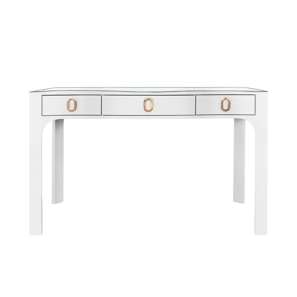Worlds Away - Curved Front Desk With Three Drawers In White Textured Linen With Satin Brass Ring Hardware And Glass Top - GLADYS WH view 2