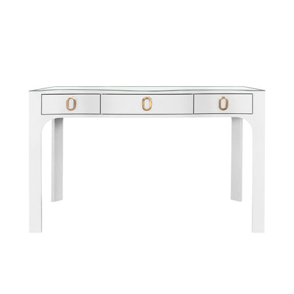 Worlds Away - Curved Front Desk With Three Drawers In White Textured Linen With Satin Brass Ring Hardware And Glass Top - GLADYS WH view 2