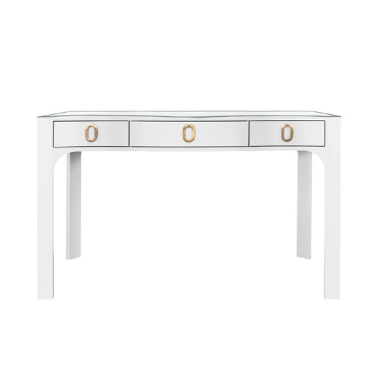 Worlds Away - Curved Front Desk With Three Drawers In White Textured Linen With Satin Brass Ring Hardware And Glass Top - GLADYS WH view 2