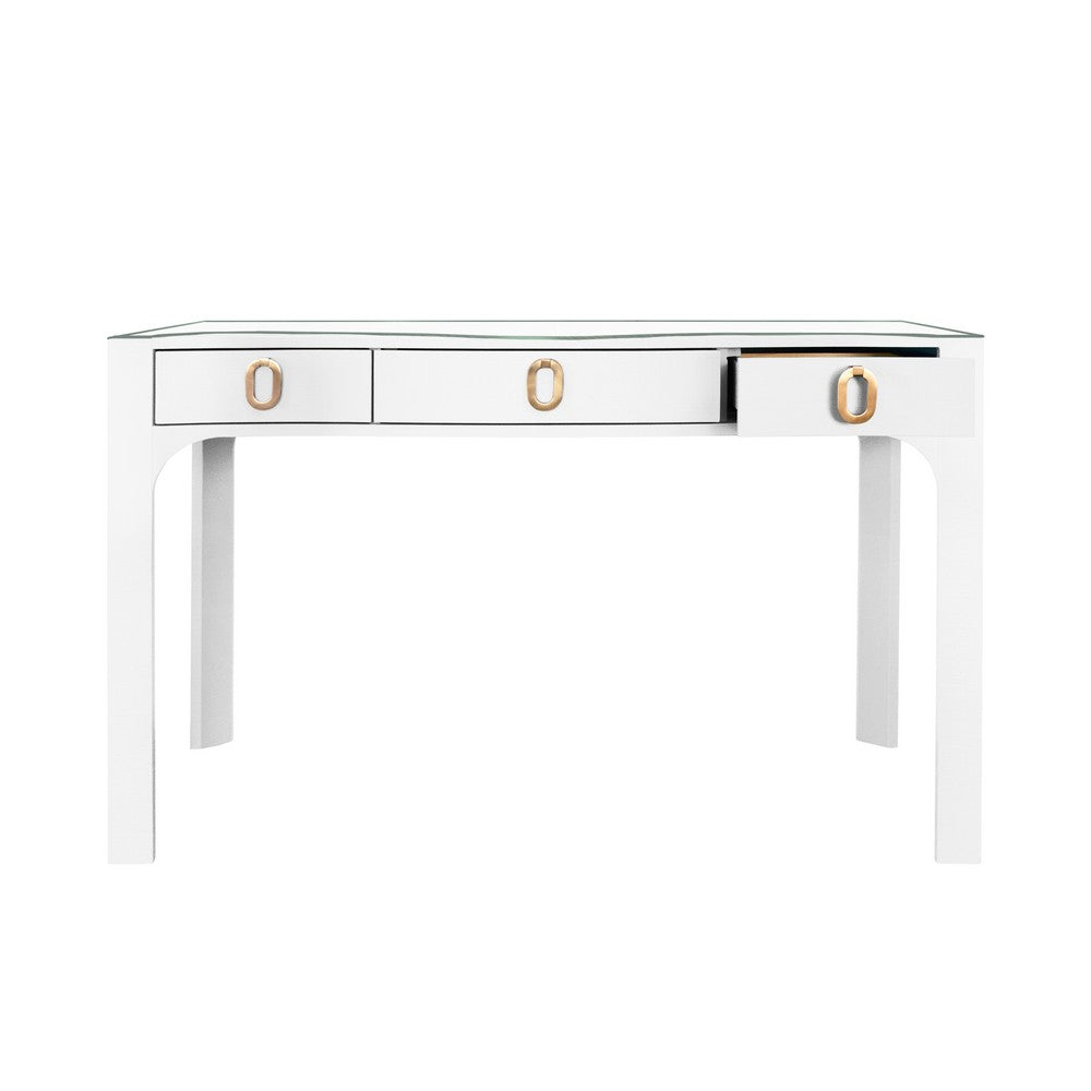 Worlds Away - Curved Front Desk With Three Drawers In White Textured Linen With Satin Brass Ring Hardware And Glass Top - GLADYS WH view 3