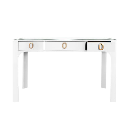 Worlds Away - Curved Front Desk With Three Drawers In White Textured Linen With Satin Brass Ring Hardware And Glass Top - GLADYS WH view 3