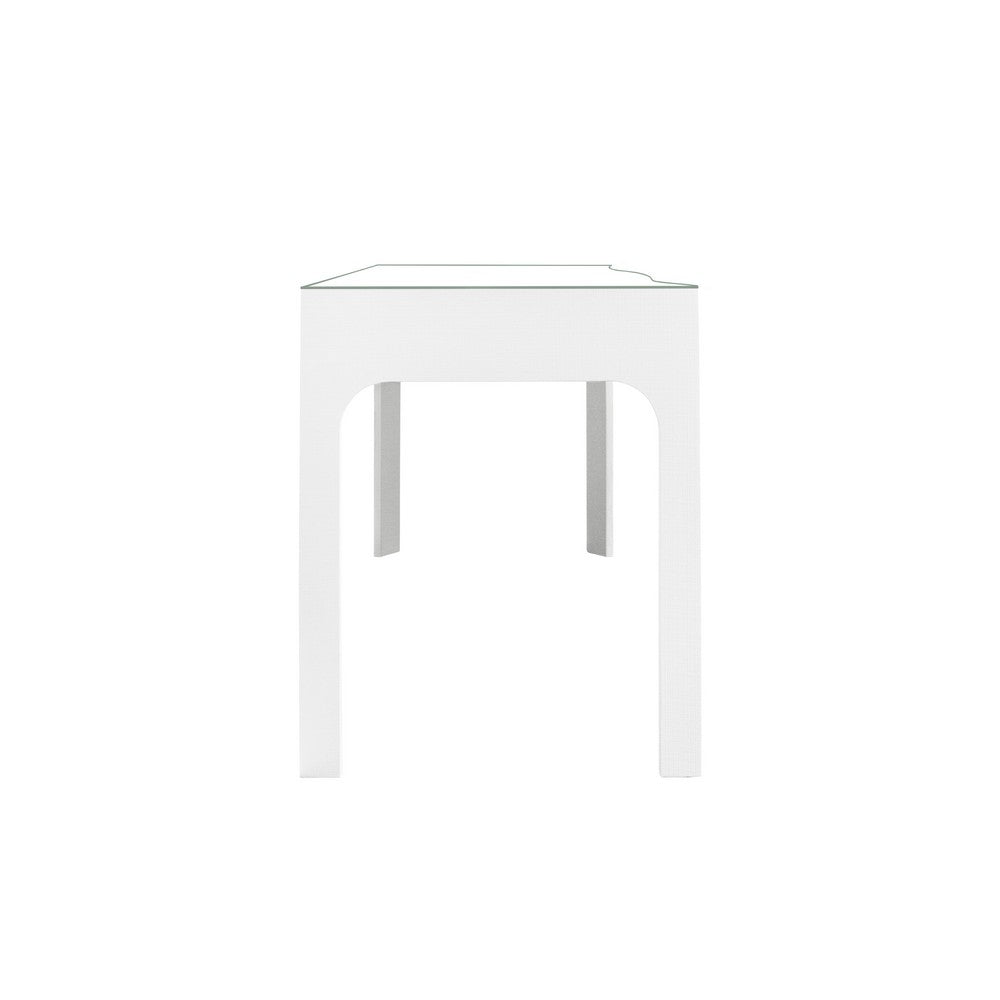 Worlds Away - Curved Front Desk With Three Drawers In White Textured Linen With Satin Brass Ring Hardware And Glass Top - GLADYS WH view 4
