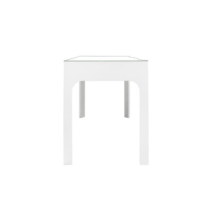 Worlds Away - Curved Front Desk With Three Drawers In White Textured Linen With Satin Brass Ring Hardware And Glass Top - GLADYS WH view 4