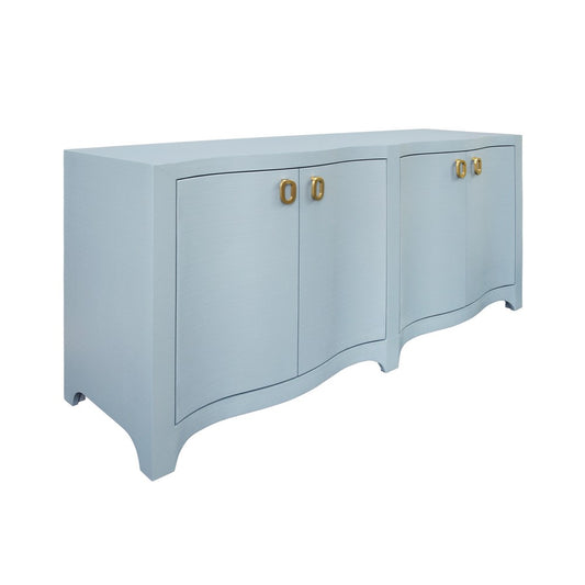 Worlds Away - Curved Front Four Door Buffet In Textured Light Blue Linen With Satin Brass Ring Hardware - MIFFY LB view 1