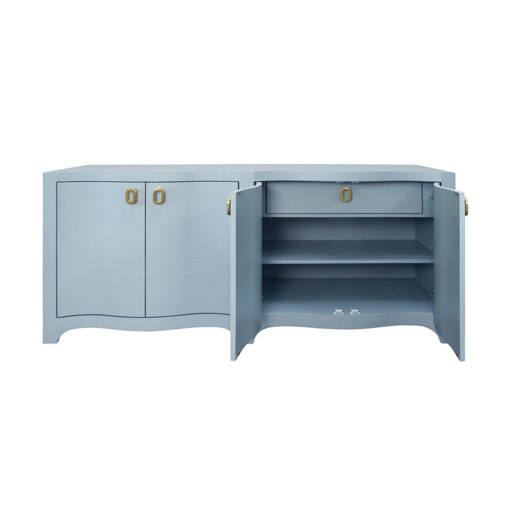 Worlds Away - Curved Front Four Door Buffet In Textured Light Blue Linen With Satin Brass Ring Hardware - MIFFY LB view 3