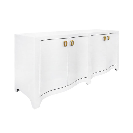 Worlds Away - Curved Front Four Door Buffet In Textured White Linen With Satin Brass Ring Hardware - MIFFY WH view 1