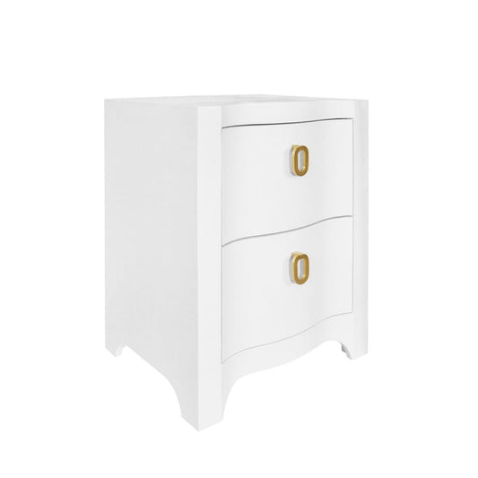 Worlds Away - Curved Front Side Table With Two Drawers In White Textured Linen With Satin Brass Ring Hardware - HELENA WH view 1
