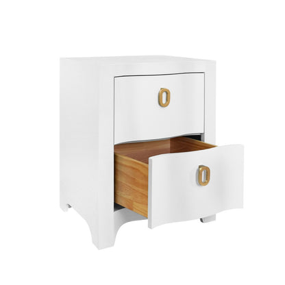 Worlds Away - Curved Front Side Table With Two Drawers In White Textured Linen With Satin Brass Ring Hardware - HELENA WH view 3