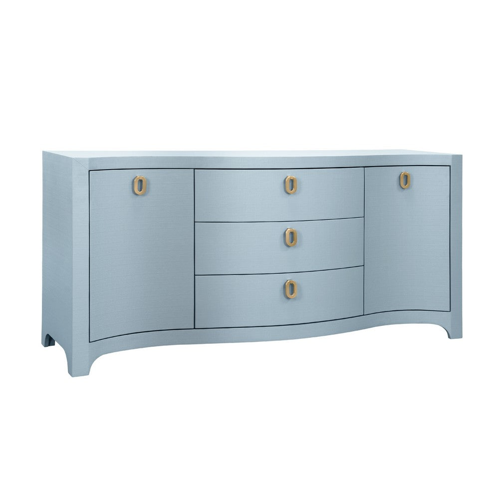 Worlds Away - Curved Front Two Door Three Drawer Buffet In Textured Light Blue Linen With Satin Brass Ring Hardware - PAULINA LB view 1