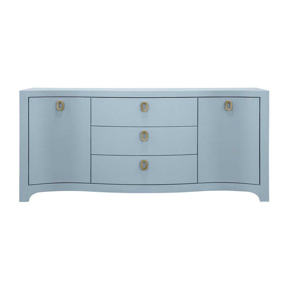 Worlds Away - Curved Front Two Door Three Drawer Buffet In Textured Light Blue Linen With Satin Brass Ring Hardware - PAULINA LB view 2