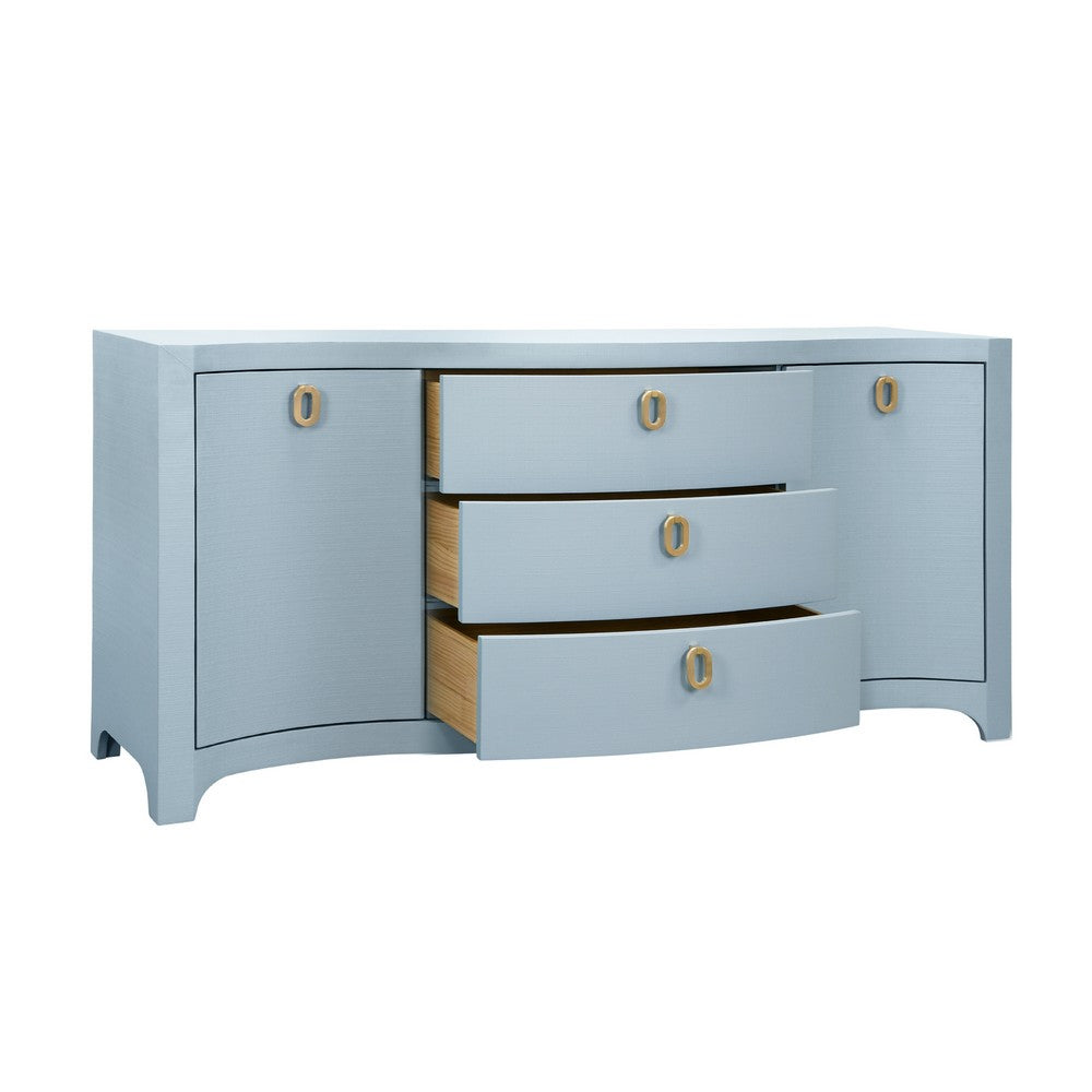 Worlds Away - Curved Front Two Door Three Drawer Buffet In Textured Light Blue Linen With Satin Brass Ring Hardware - PAULINA LB view 3