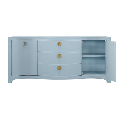 Worlds Away - Curved Front Two Door Three Drawer Buffet In Textured Light Blue Linen With Satin Brass Ring Hardware - PAULINA LB view 4