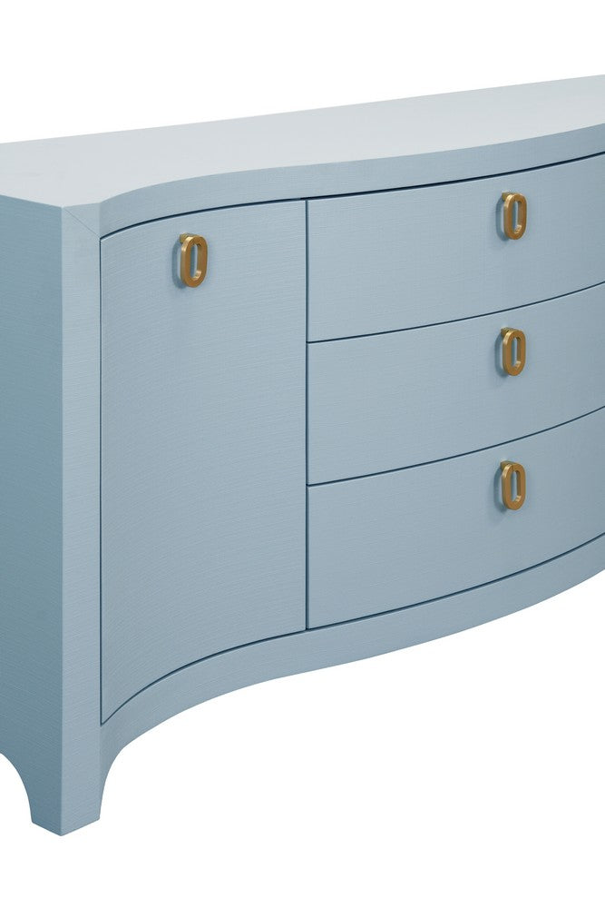 Worlds Away - Curved Front Two Door Three Drawer Buffet In Textured Light Blue Linen With Satin Brass Ring Hardware - PAULINA LB view 6