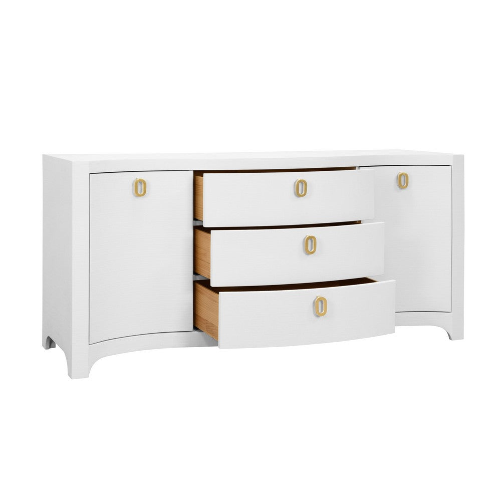 Worlds Away - Curved Front Two Door Three Drawer Buffet In Textured White Linen With Satin Brass Ring Hardware - PAULINA WH view 3
