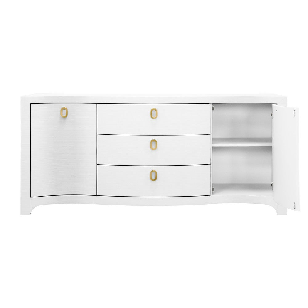 Worlds Away - Curved Front Two Door Three Drawer Buffet In Textured White Linen With Satin Brass Ring Hardware - PAULINA WH view 4