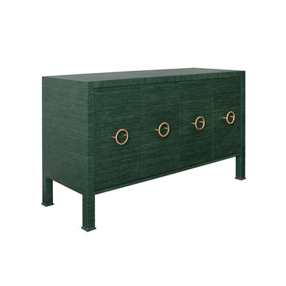 Worlds Away - Four Door Buffet With Antique Brass Circle Hardware In Dyed Green Grasscloth - RUE GR view 1