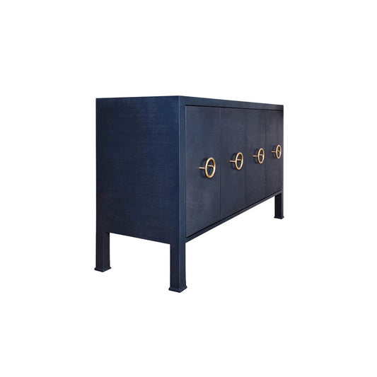 Worlds Away - Four Door Buffet With Antique Brass Circle Hardware In Textured Navy Linen - RUE NVY view 1