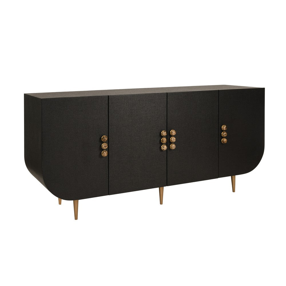 Worlds Away - Four Door Buffet With Curved Bottom Corners And Stone Hardware In Black Painted Grasscloth - DELUCA BLK view 1