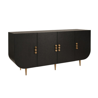 Worlds Away - Four Door Buffet With Curved Bottom Corners And Stone Hardware In Black Painted Grasscloth - DELUCA BLK view 1