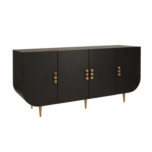 Worlds Away - Four Door Buffet With Curved Bottom Corners And Stone Hardware In Black Painted Grasscloth - DELUCA BLK view 1
