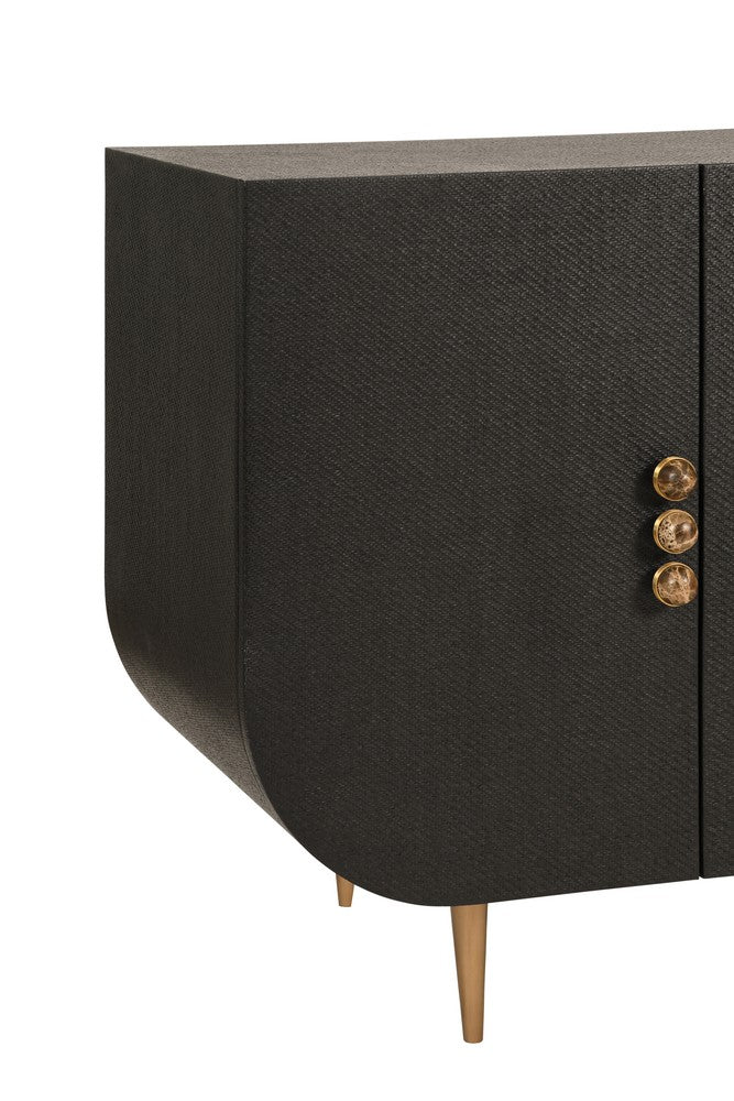 Worlds Away - Four Door Buffet With Curved Bottom Corners And Stone Hardware In Black Painted Grasscloth - DELUCA BLK view 5