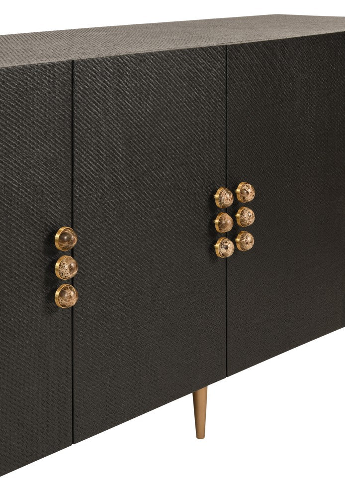 Worlds Away - Four Door Buffet With Curved Bottom Corners And Stone Hardware In Black Painted Grasscloth - DELUCA BLK view 6