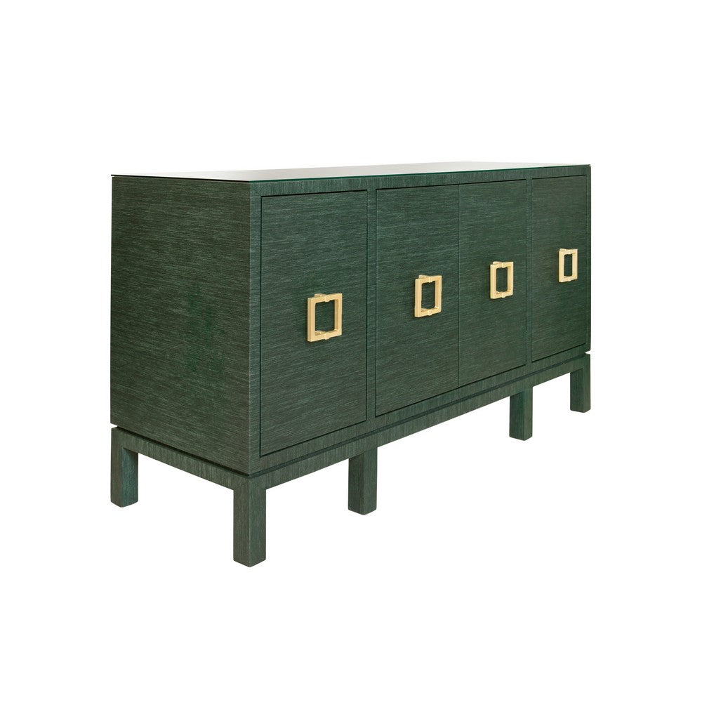 Worlds Away - Four Door Buffet With Large Brass Square Hardware In Green Dyed Grasscloth - EFFIE GR view 1