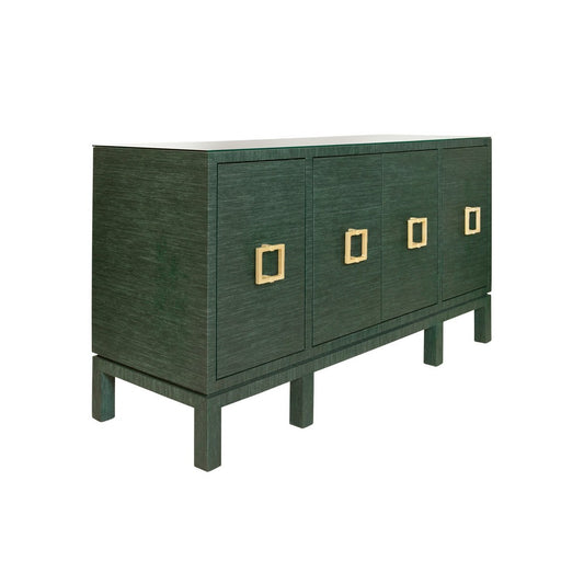 Worlds Away - Four Door Buffet With Large Brass Square Hardware In Green Dyed Grasscloth - EFFIE GR view 1