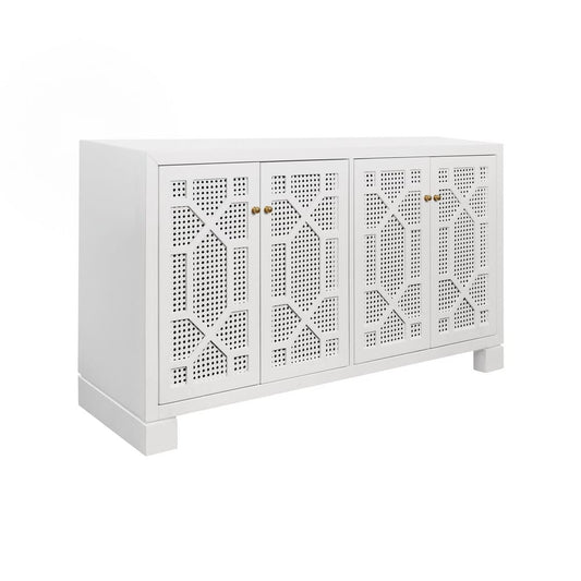Worlds Away - Four Door Buffet With Trellis Over Painted Cane Doors In Matte White Lacquer - CLAIRE WH view 1