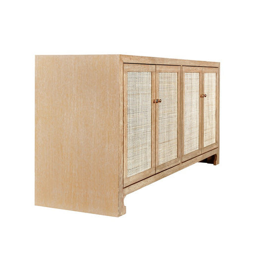 Worlds Away - Four Door Cane Cabinet With Brass Hardware In Cerused Oak - SOFIA CO view 2