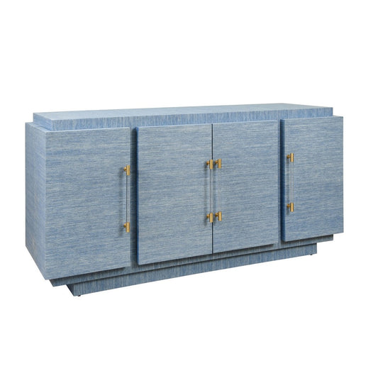 Worlds Away - Four Door Wrap Around Modern Buffet With Brass Fluted Handles In Dyed Blue Grasscloth - STEELE BL view 1