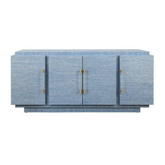 Worlds Away - Four Door Wrap Around Modern Buffet With Brass Fluted Handles In Dyed Blue Grasscloth - STEELE BL view 2