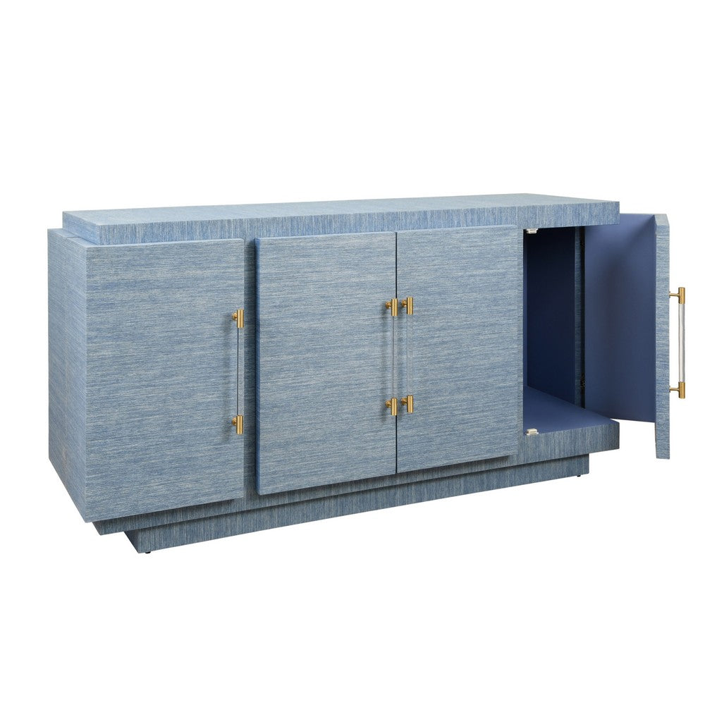 Worlds Away - Four Door Wrap Around Modern Buffet With Brass Fluted Handles In Dyed Blue Grasscloth - STEELE BL view 3