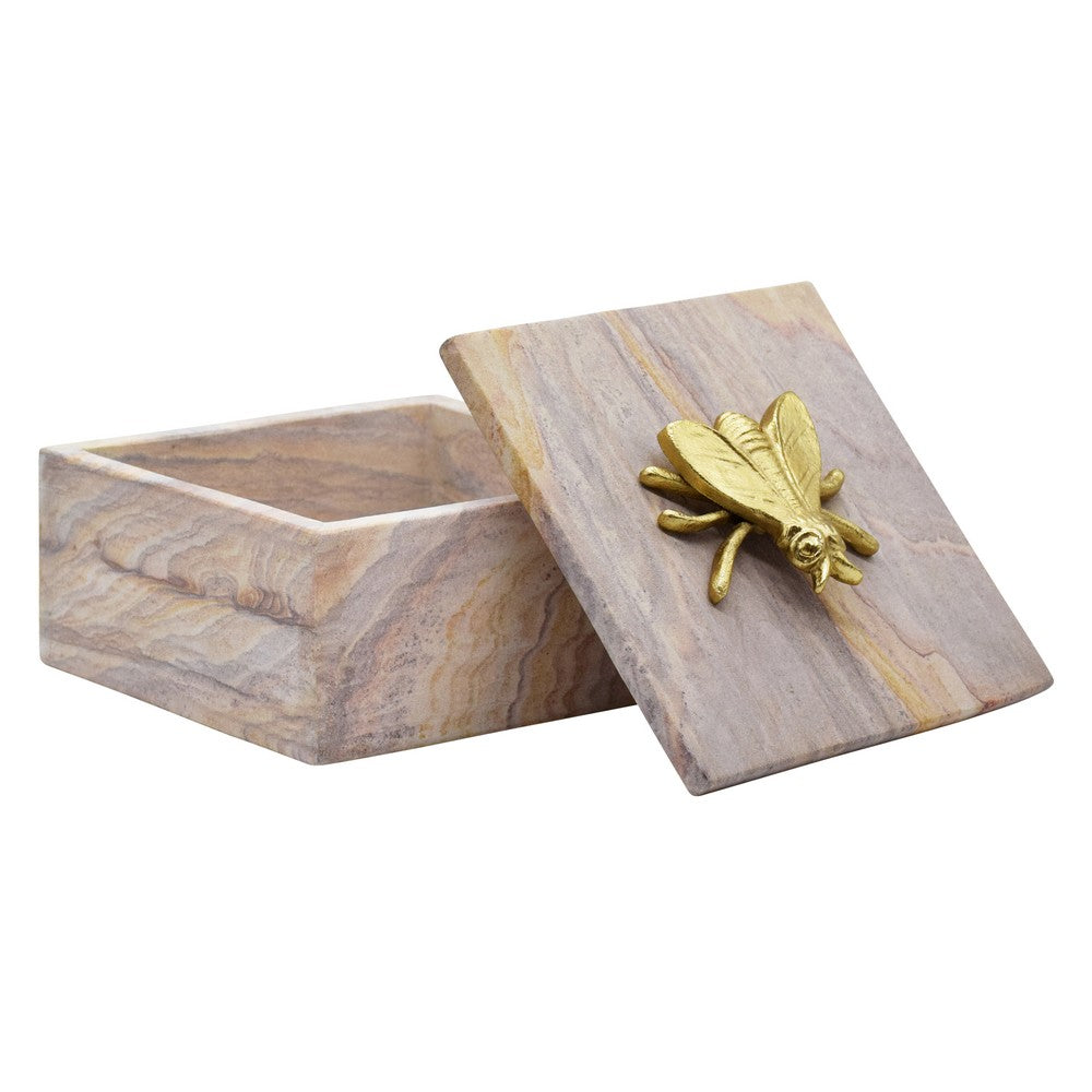 Worlds Away - Golden Brown Bidaser Marble Box With Brass Bee Top - BEE view 3