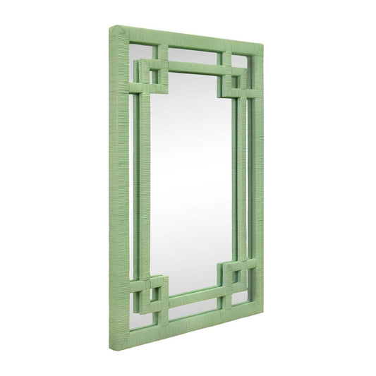Worlds Away - Greek Key Design Mirror In Wrapped Rattan In Sage Green - GENEVA SG view 1
