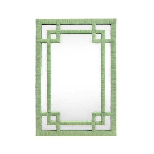 Worlds Away - Greek Key Design Mirror In Wrapped Rattan In Sage Green - GENEVA SG view 2