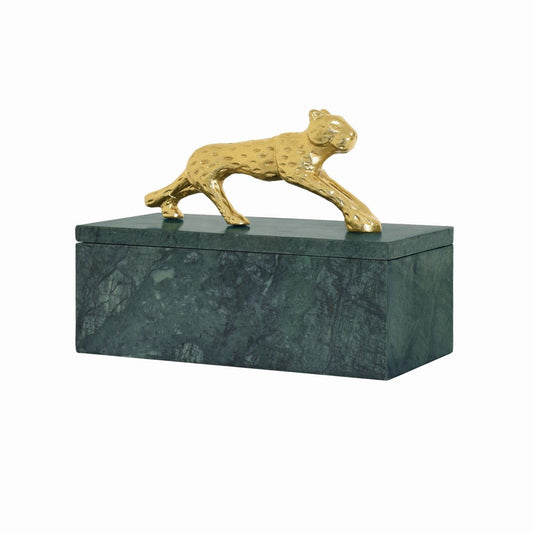Worlds Away - Green Marble Box With Brass Jaguar Handle - JAG view 1