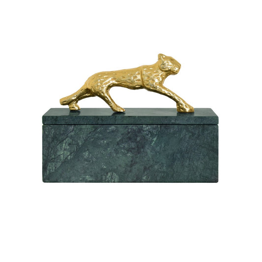 Worlds Away - Green Marble Box With Brass Jaguar Handle - JAG view 2