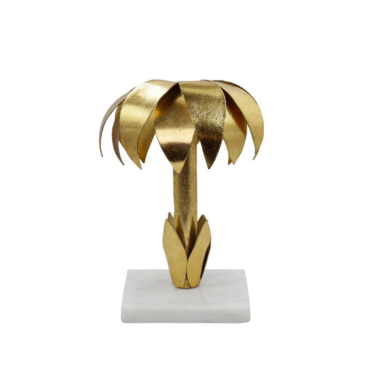 Worlds Away - Iron Palm Tree Candle Holder In Gold Leaf Finish On White Marble Base - PALMY view 1