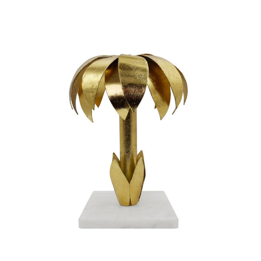 Worlds Away - Iron Palm Tree Candle Holder In Gold Leaf Finish On White Marble Base - PALMY view 2