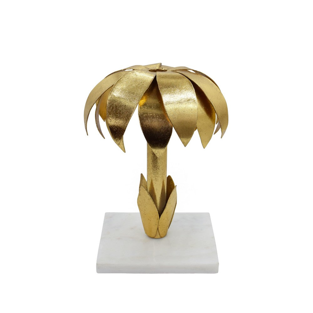Worlds Away - Iron Palm Tree Candle Holder In Gold Leaf Finish On White Marble Base - PALMY view 3