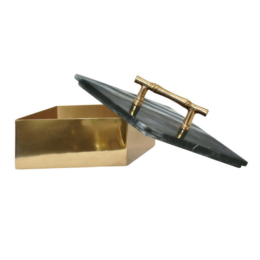 Worlds Away - Large Diamond Shaped Brass Box With Black Marble Top And Brass Bamboo Handle - RHOMA LG view 2